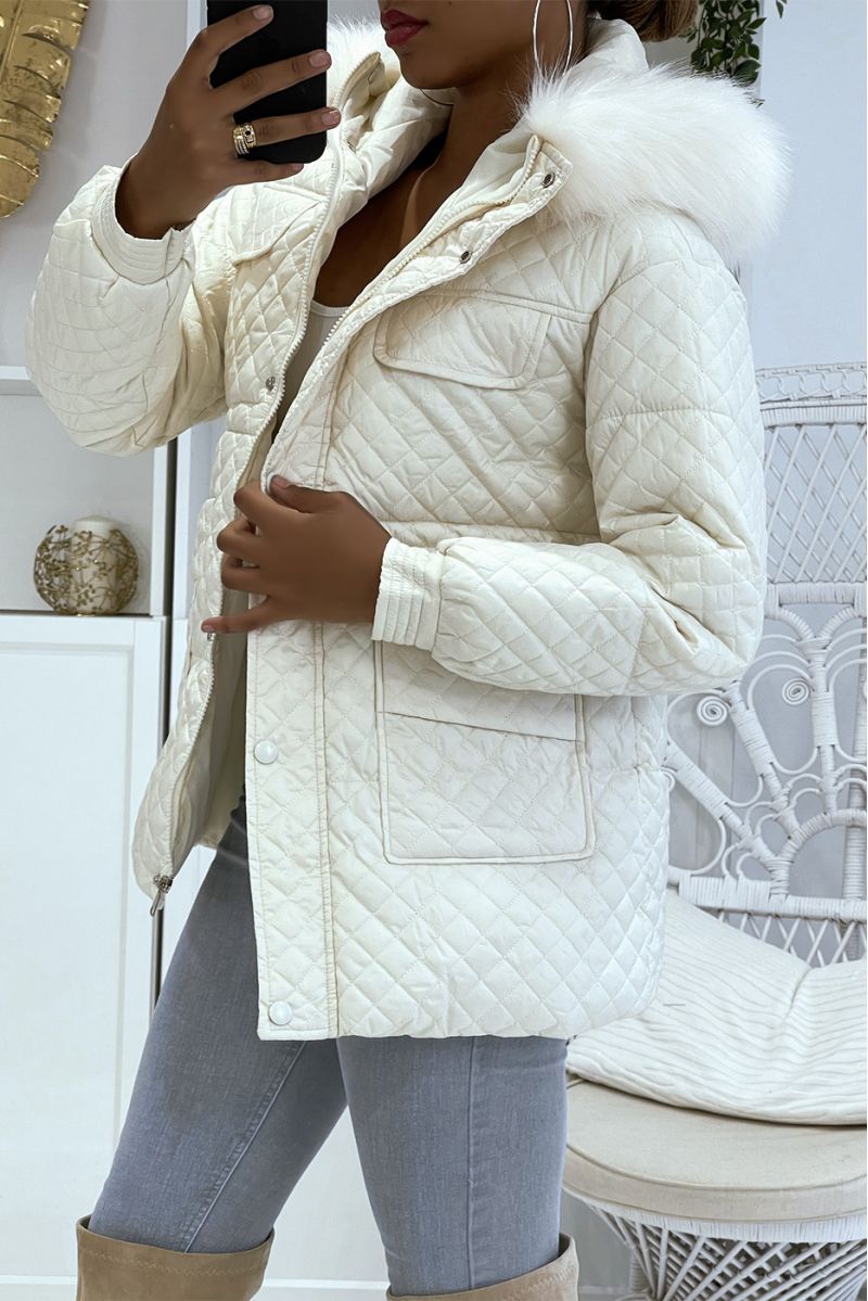 Lichtwitte halflange parka met wit imitatiebont - 3