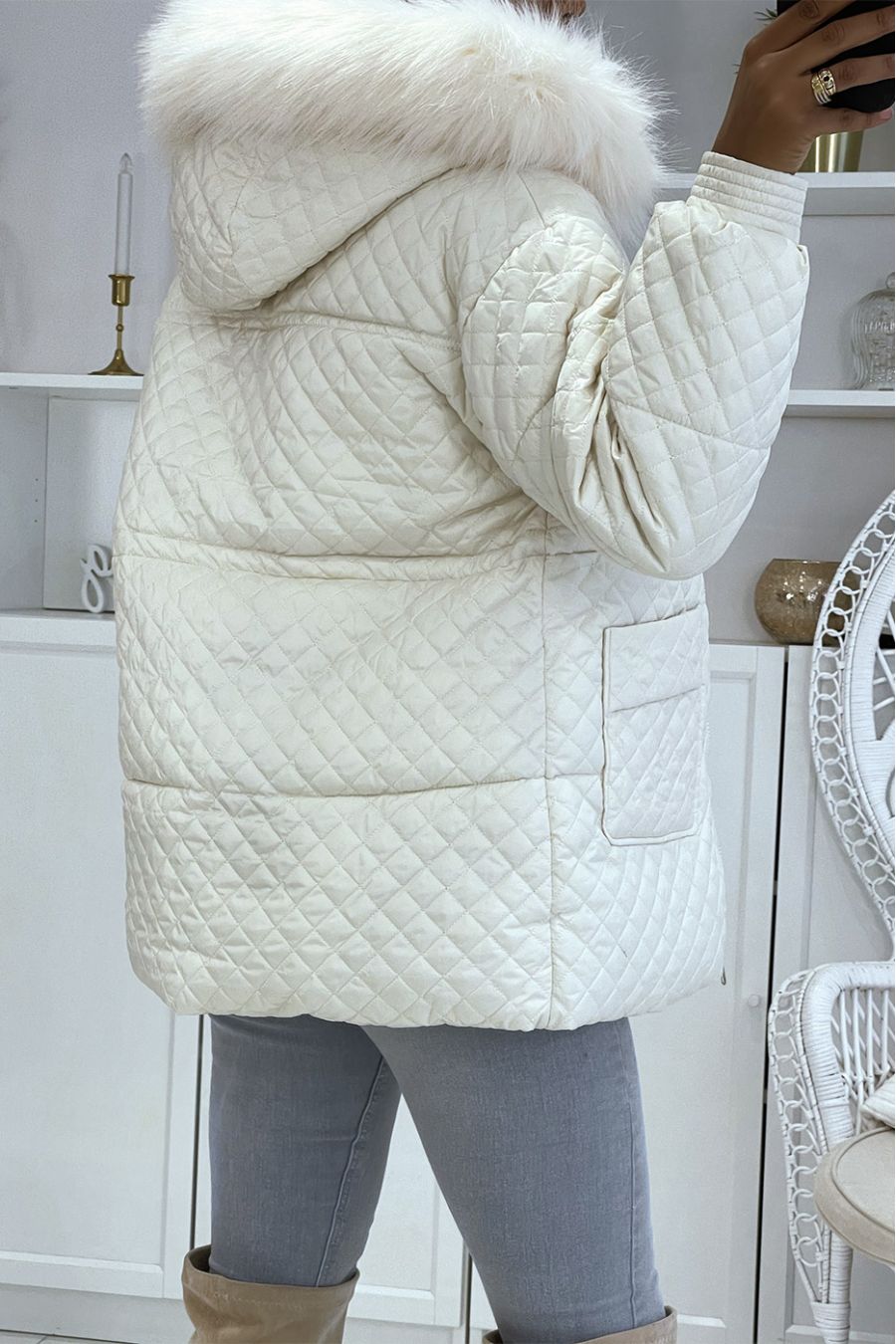 Parka mi-longue blanche clair à fausse fourrure blanche - 4