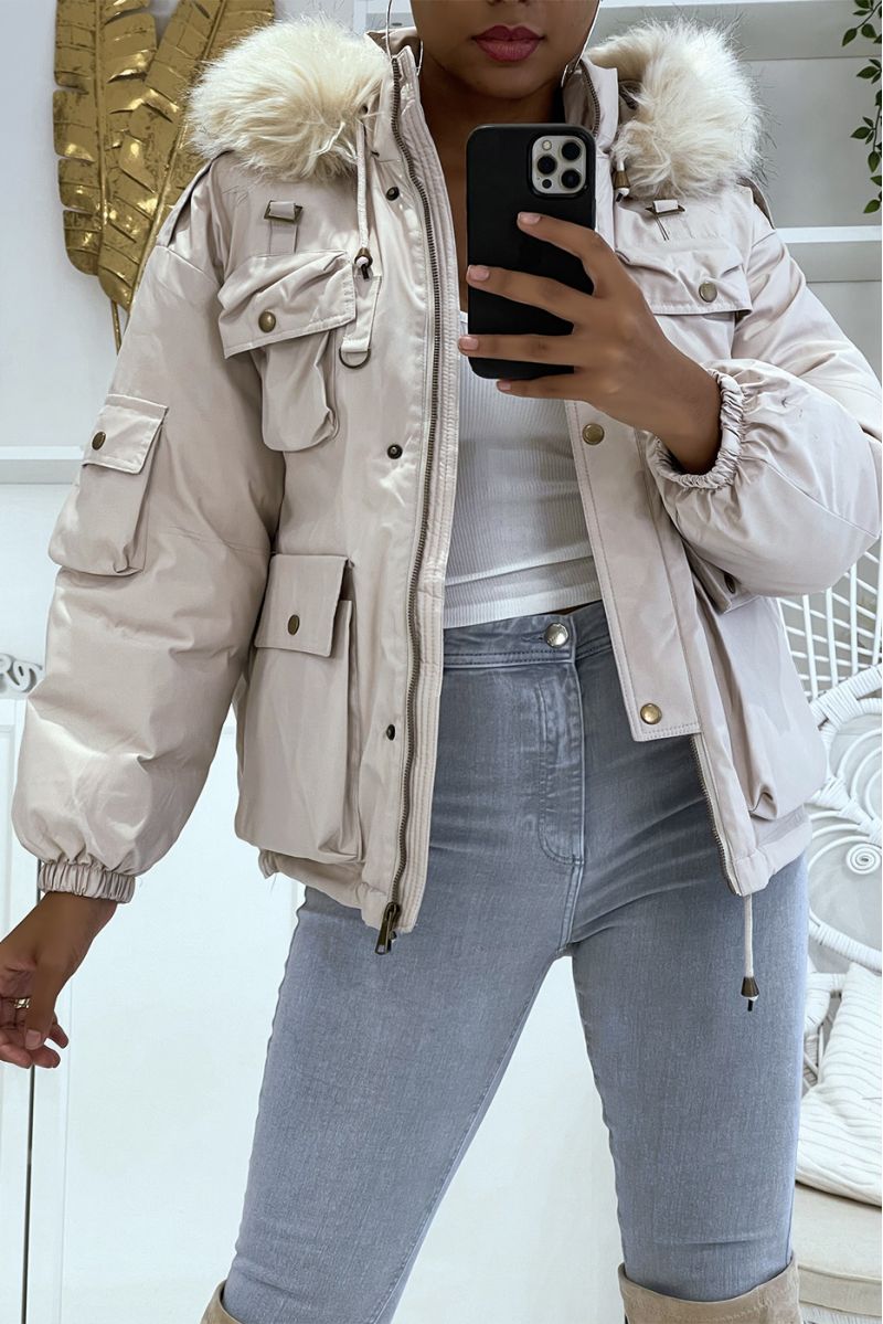 Short beige parka with white faux fur - 4