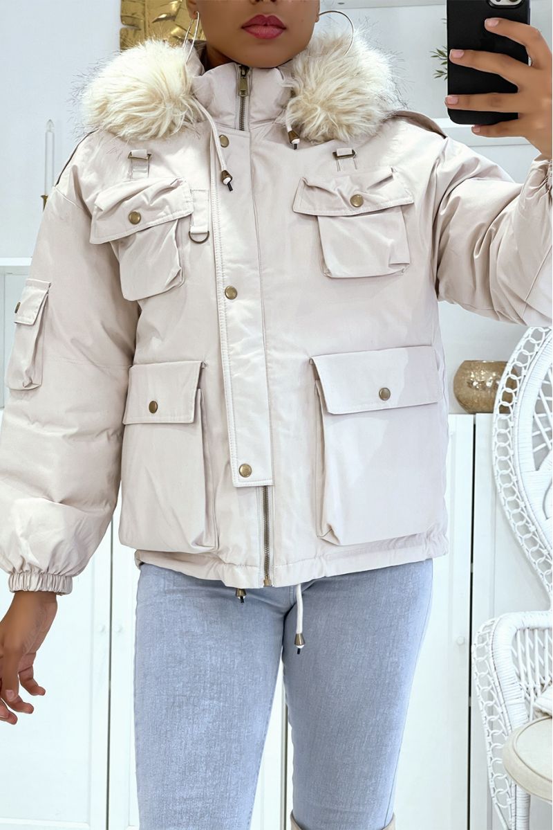 Short beige parka with white faux fur - 7