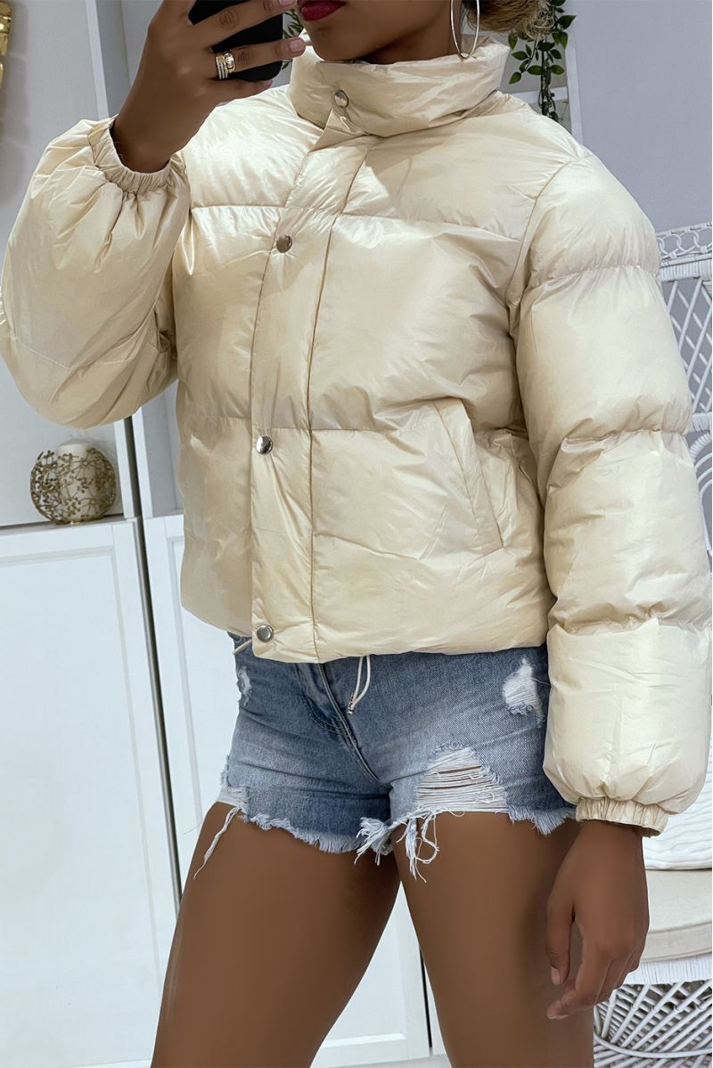 Short beige puffer jacket with long sleeves and high collar, super trendy color perfect for winter - 5
