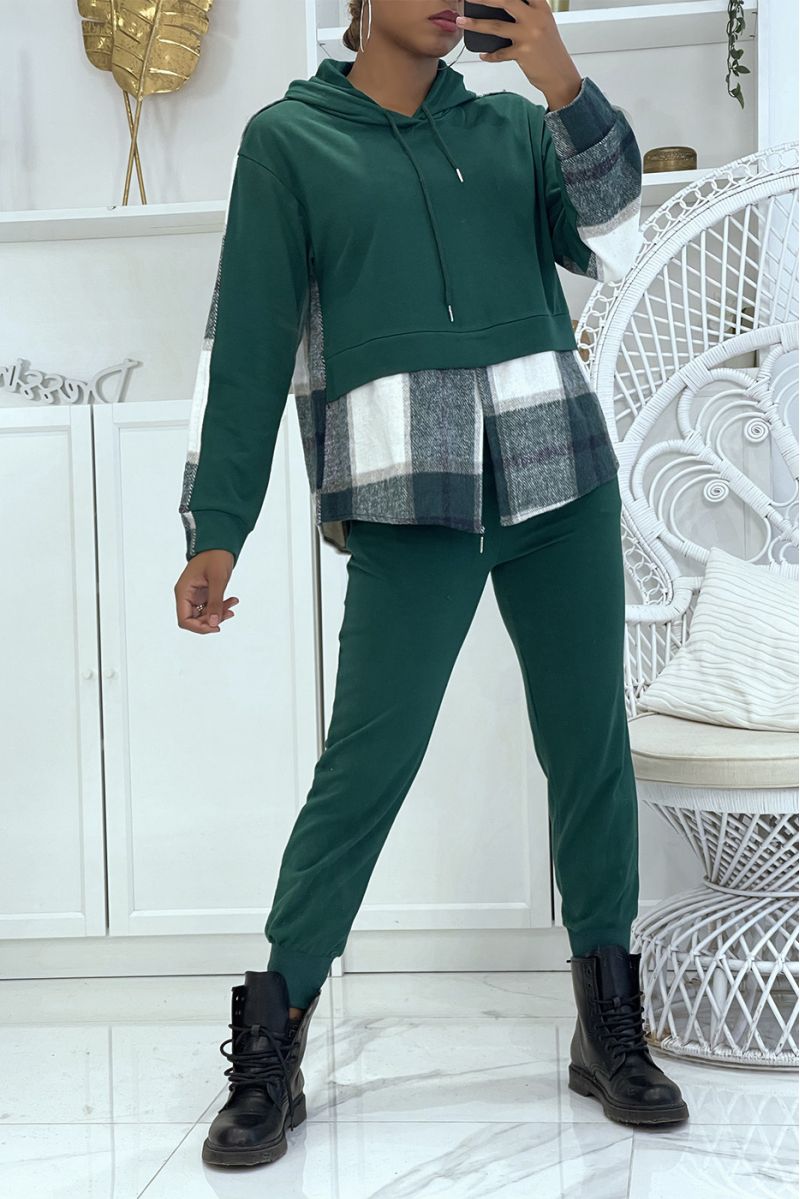 Duck green jogging set with push effect pants and sweet 2 in 1 on trendy plaid shirt - 1