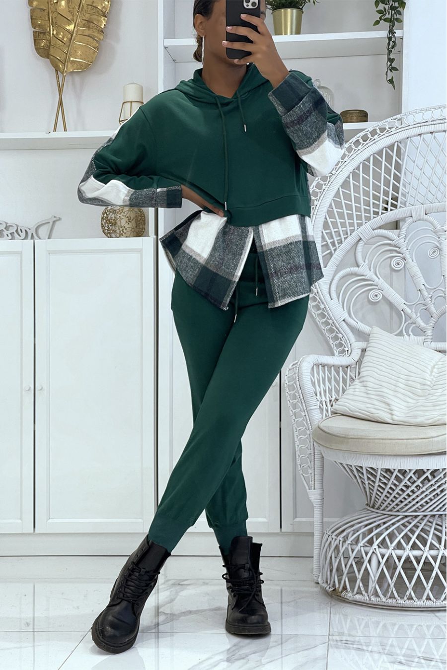 Ensemble de jogging vert canard avec pantalon effet push et sweet 2 en 1 sur chemise à carreaux tendance - 2