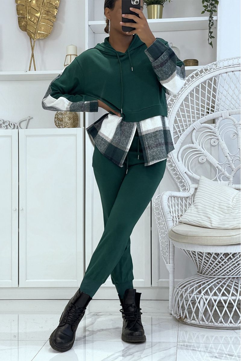 Duck green jogging set with push effect pants and sweet 2 in 1 on trendy plaid shirt - 2