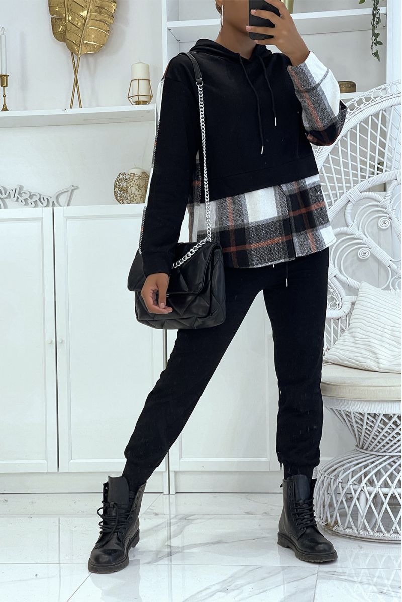 Black jogging set with push effect pants and sweet 2 in 1 on trendy plaid shirt - 1