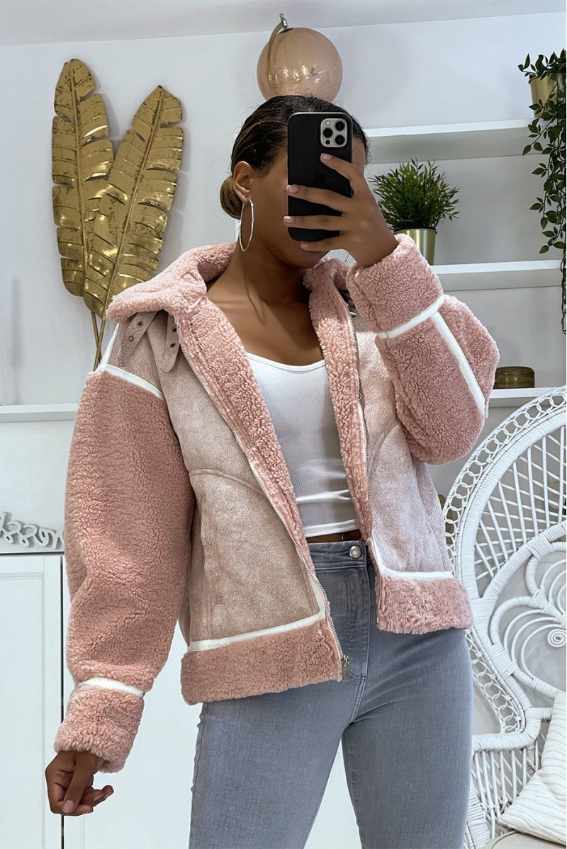 Manteaux aviateur rose à intérieur moumoute et jolies bandes effet cuir parfait pour vous tenir chaud - 1