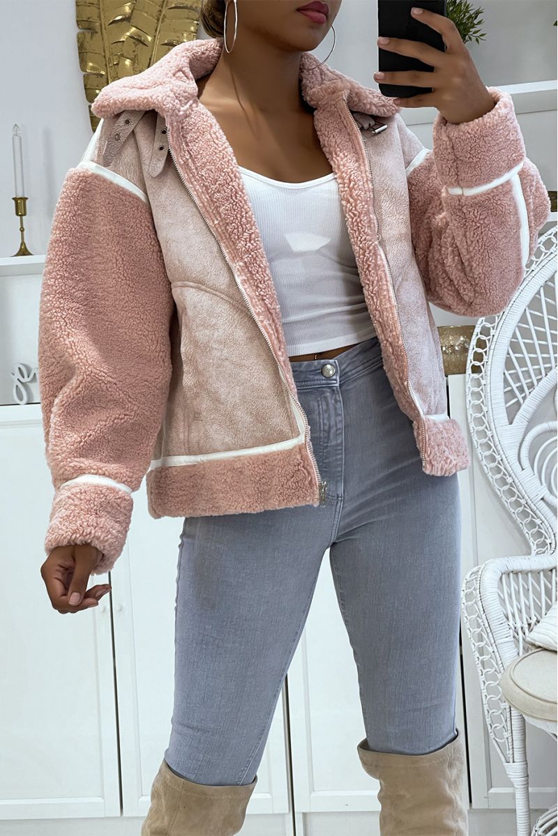 Pink aviator coats with fleece interior and pretty leather effect bands perfect for keeping you warm - 2