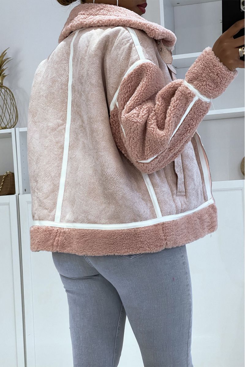 Pink aviator coats with fleece interior and pretty leather effect bands perfect for keeping you warm - 3