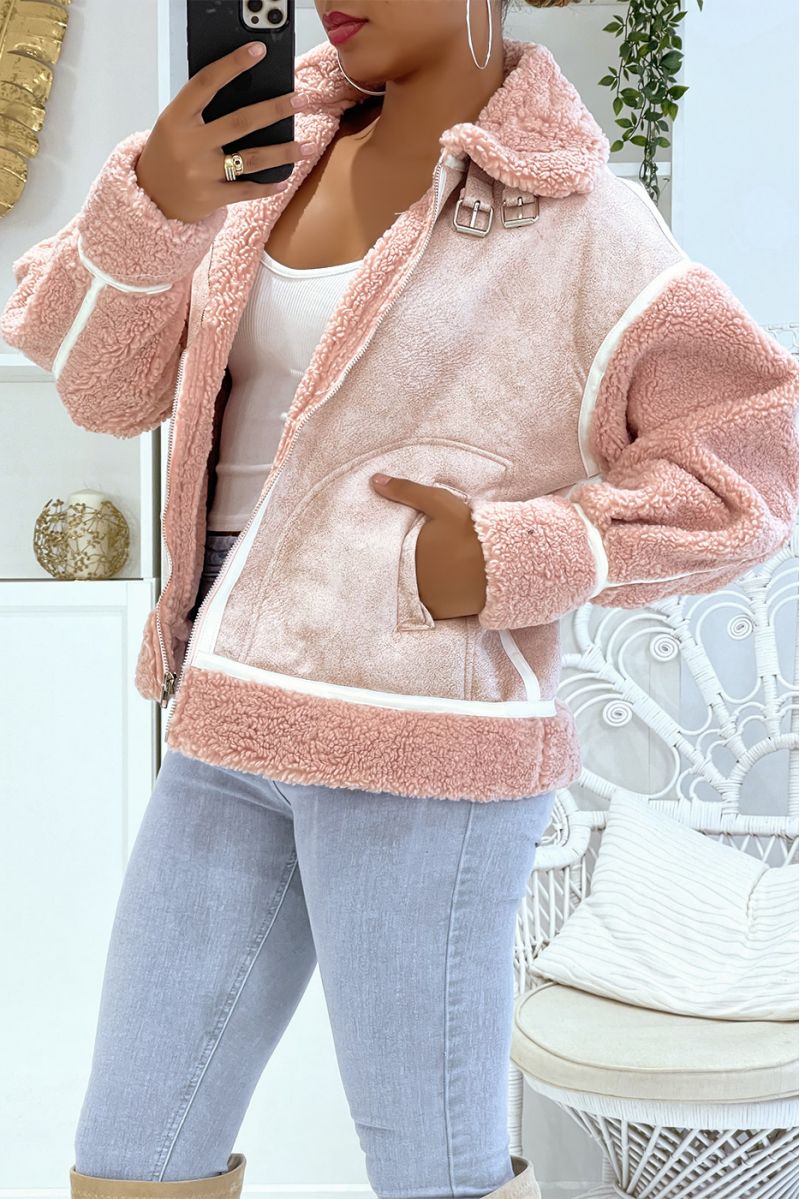 Pink aviator coats with fleece interior and pretty leather effect bands perfect for keeping you warm - 4