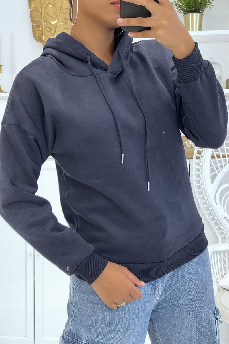 Navy long-sleeved sweatshirt with elastic at the bottom of the belly and lace-up hood - 1