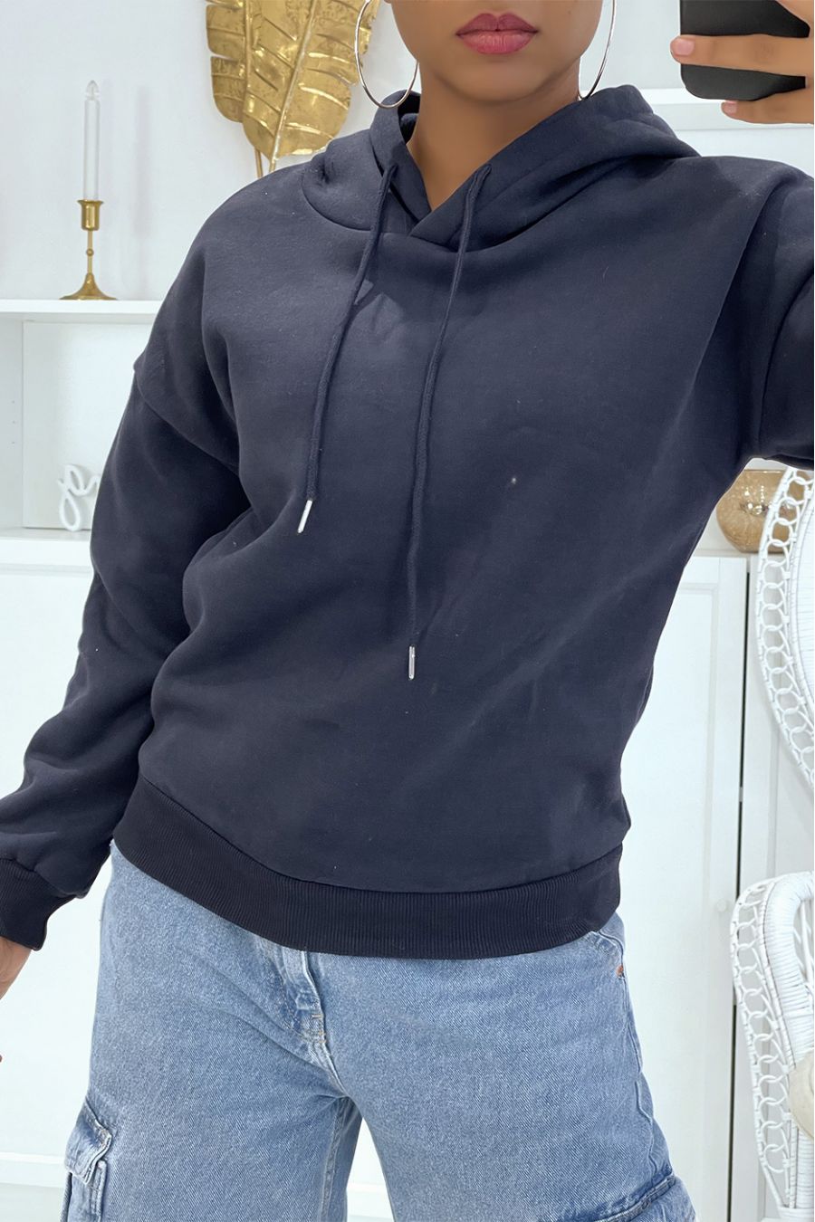 Marineblauw sweatshirt met lange mouwen, elastiek onderaan de buik en capuchon met veters - 3