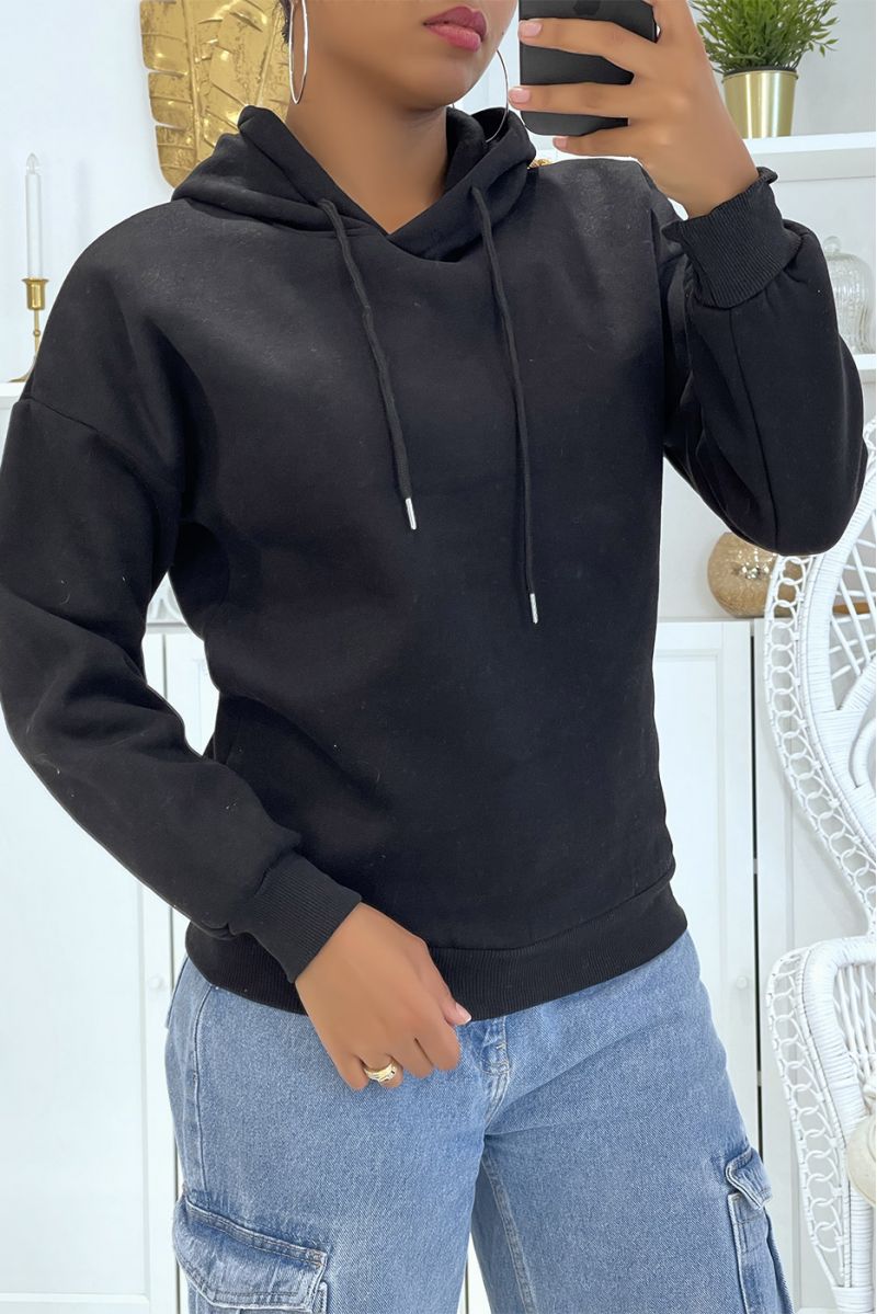 Zwart sweatshirt met lange mouwen, elastiek onderaan de buik en capuchon met veters - 1