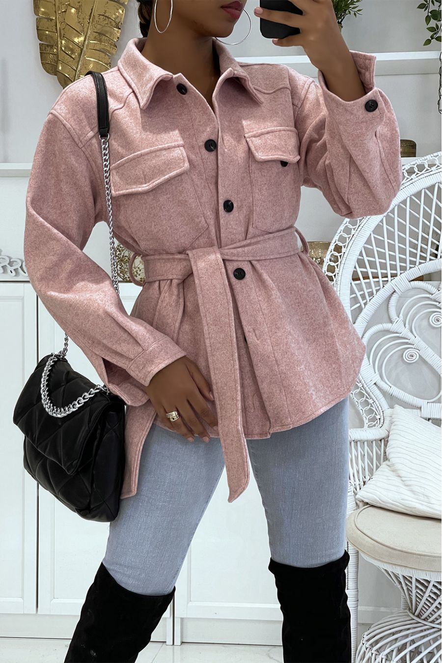 Veste rose mi-longue douce à boutons et ceinture à la taille très chic et tendance - 2