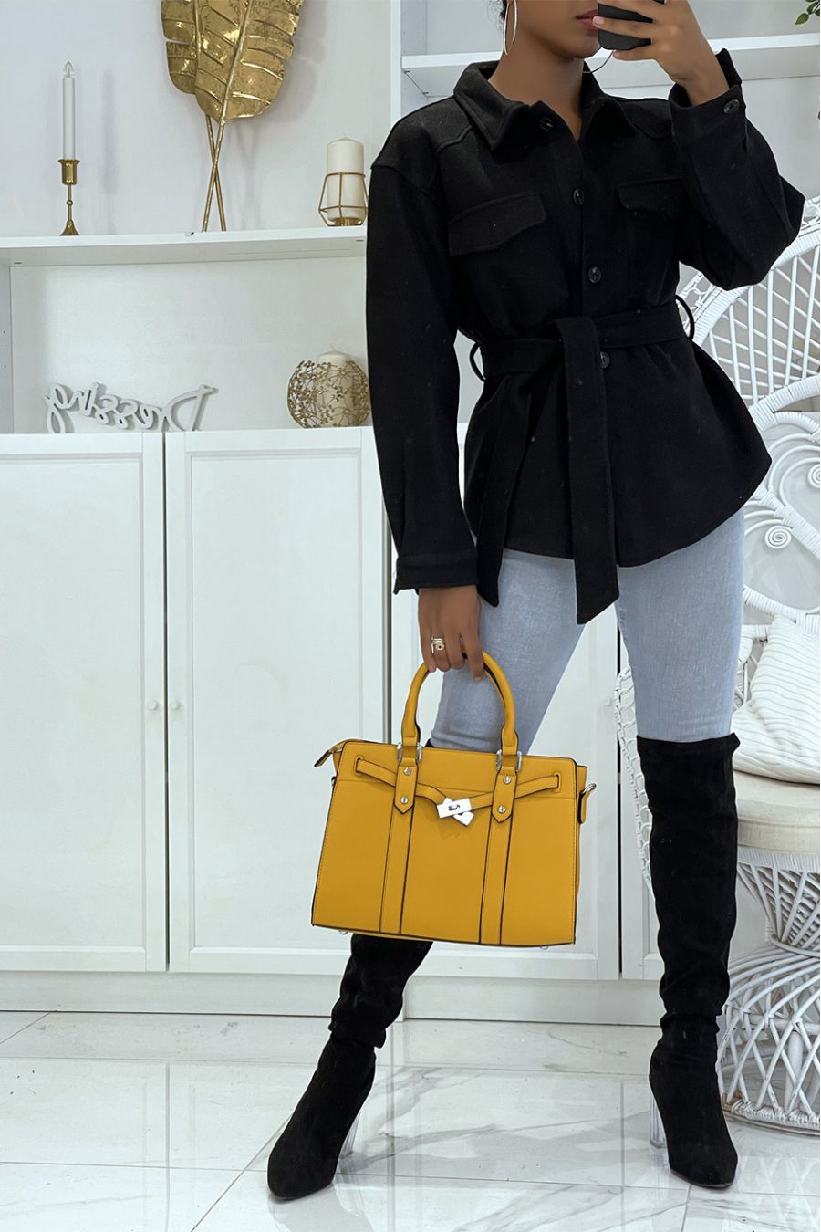 Soft mid-length black jacket with buttons and belt at the waist very chic and trendy - 1