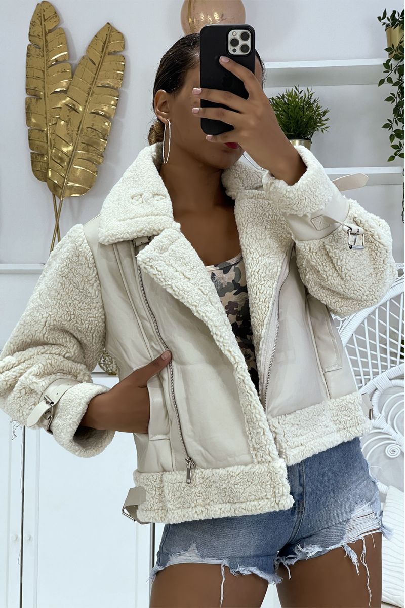 Bi-material beige aviator coats faux leather and fur style toupee with super trendy pockets - 5