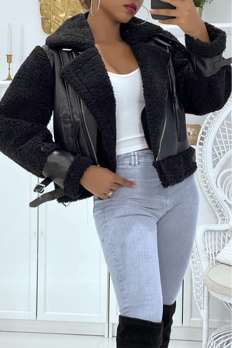 Black bi-material faux leather and fur aviator coats, toupee style with super trendy pockets - 2