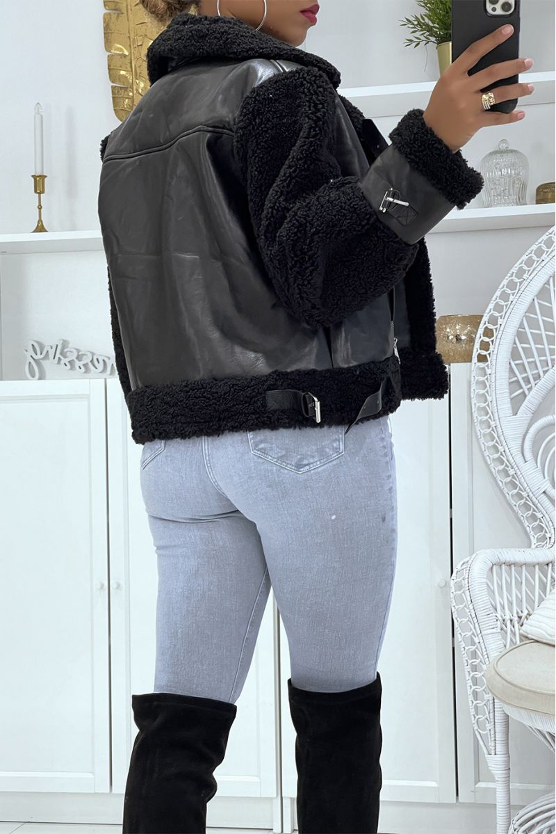 Black bi-material faux leather and fur aviator coats, toupee style with super trendy pockets - 3