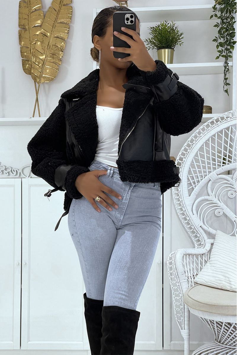 Black bi-material faux leather and fur aviator coats, toupee style with super trendy pockets - 4