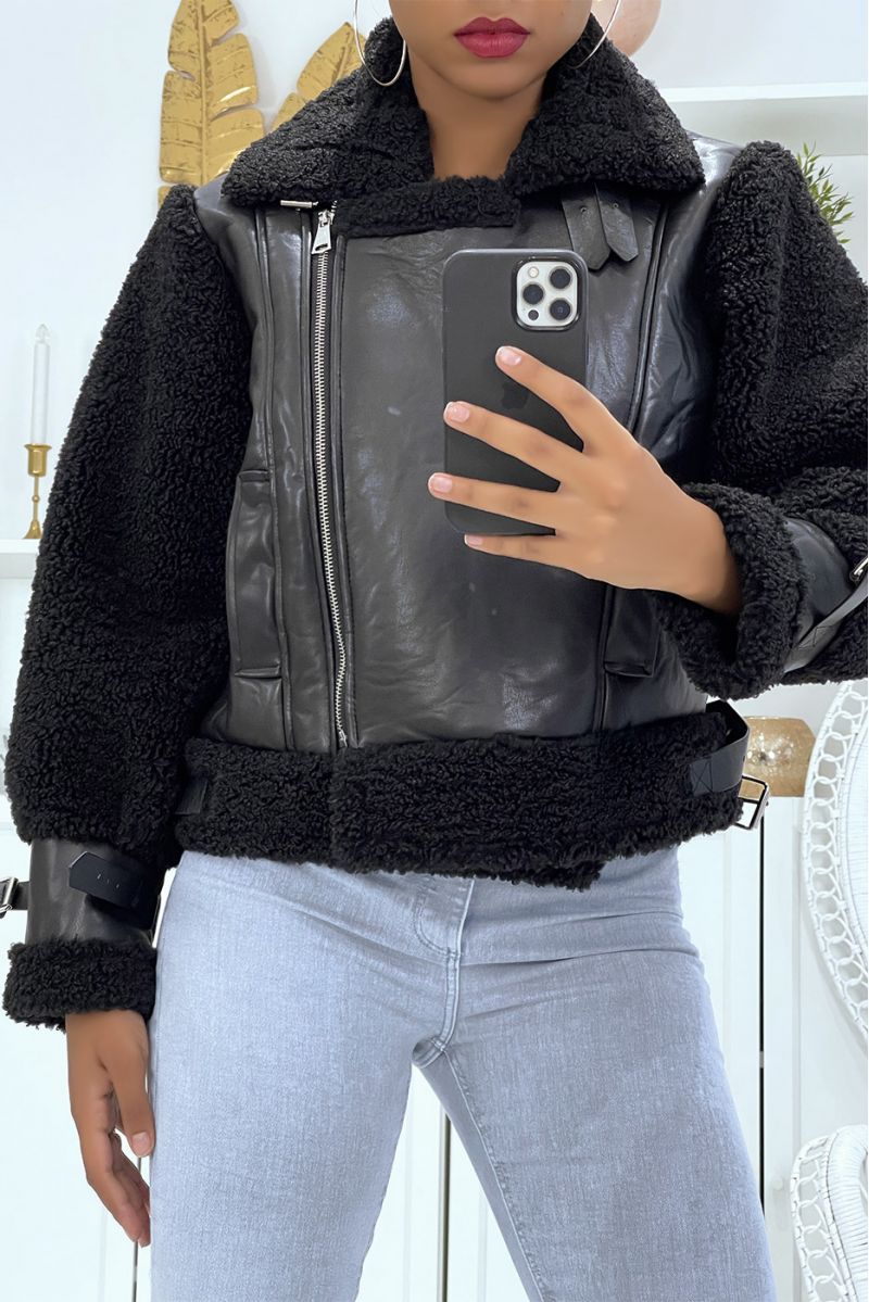 Black bi-material faux leather and fur aviator coats, toupee style with super trendy pockets - 5