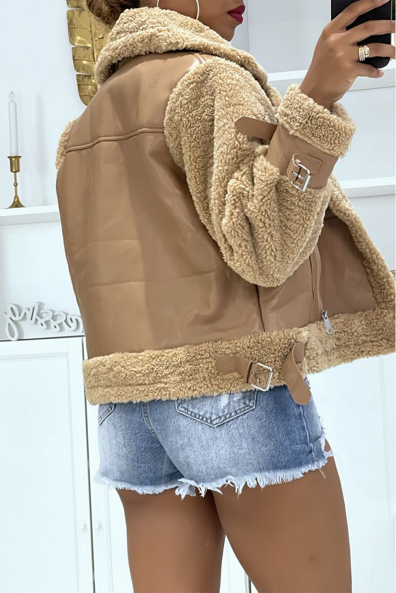 Bi-material faux leather and fur camel aviator coats, toupee style with super trendy pockets - 4