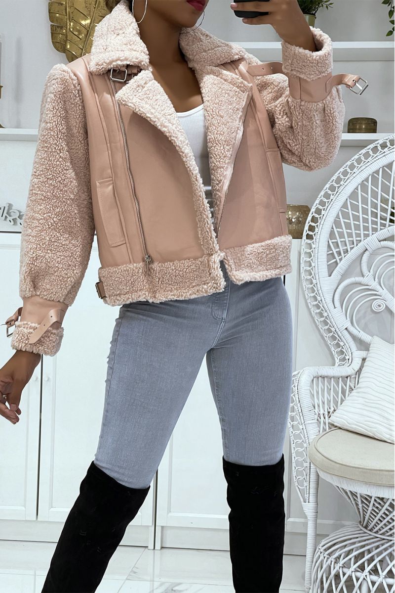 Pink bi-material faux leather and fur aviator coats, toupee style with super trendy pockets - 1