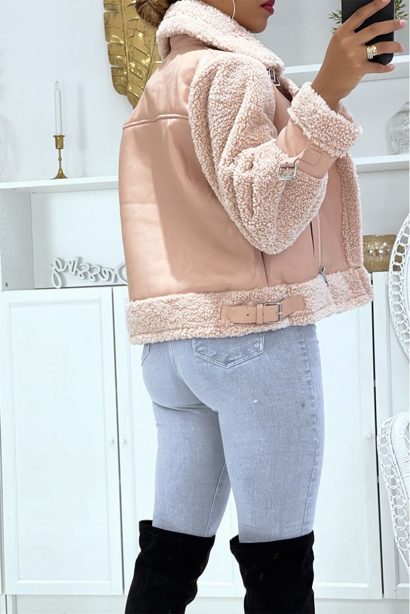 Pink bi-material faux leather and fur aviator coats, toupee style with super trendy pockets - 3