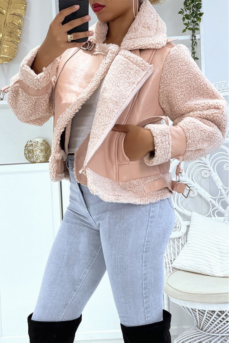 Pink bi-material faux leather and fur aviator coats, toupee style with super trendy pockets - 4