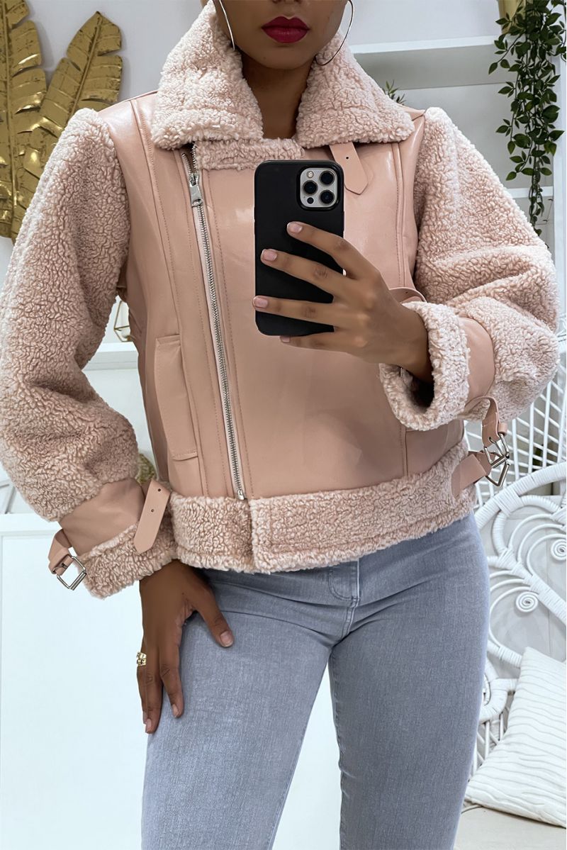 Roze pilotenjassen van imitatieleer en bont van twee materialen, toupetjestijl met supertrendy zakken - 5