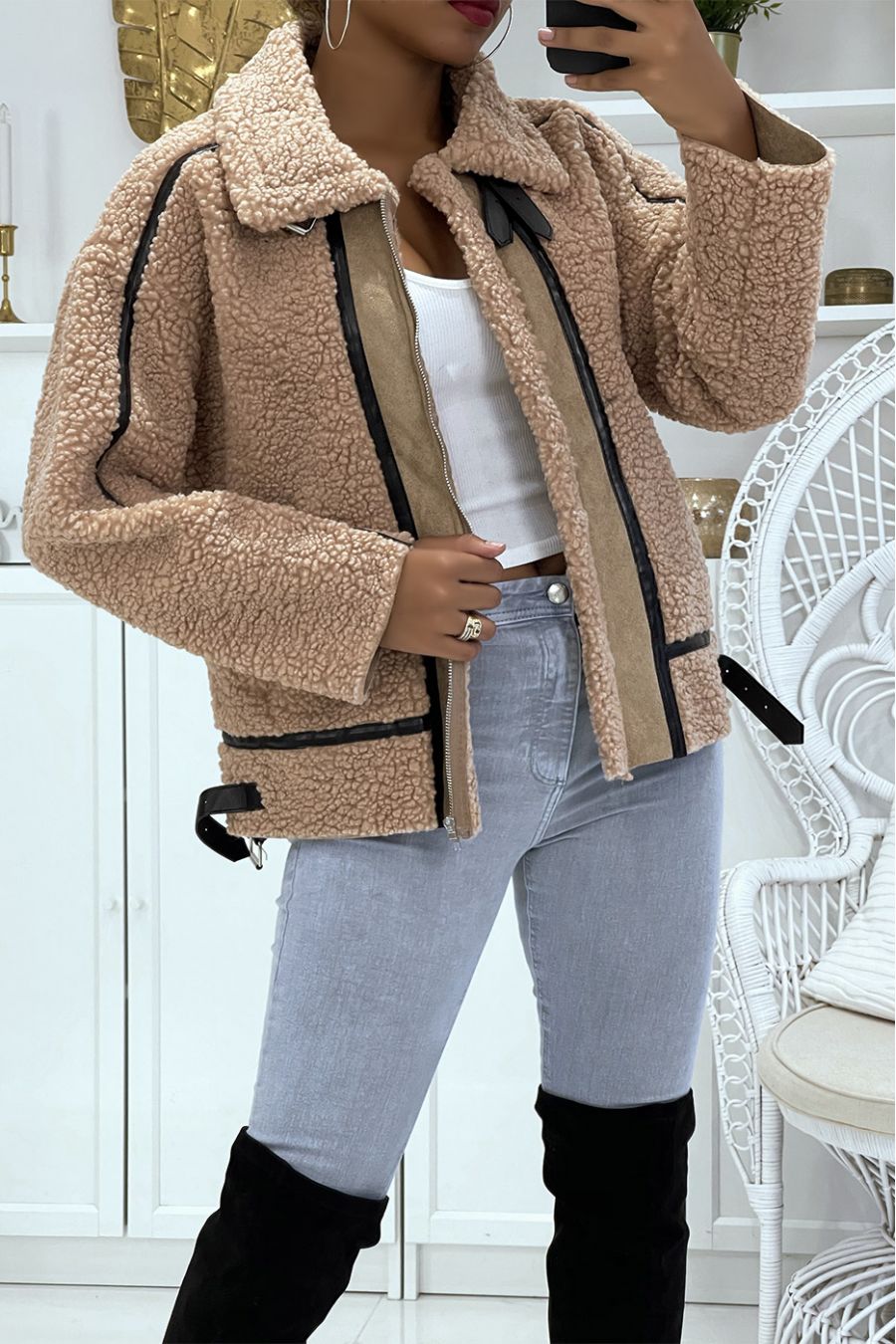 Manteaux taupe style aviateur en moumoute avec jolies bandes simili cuir chaud et doux - 2