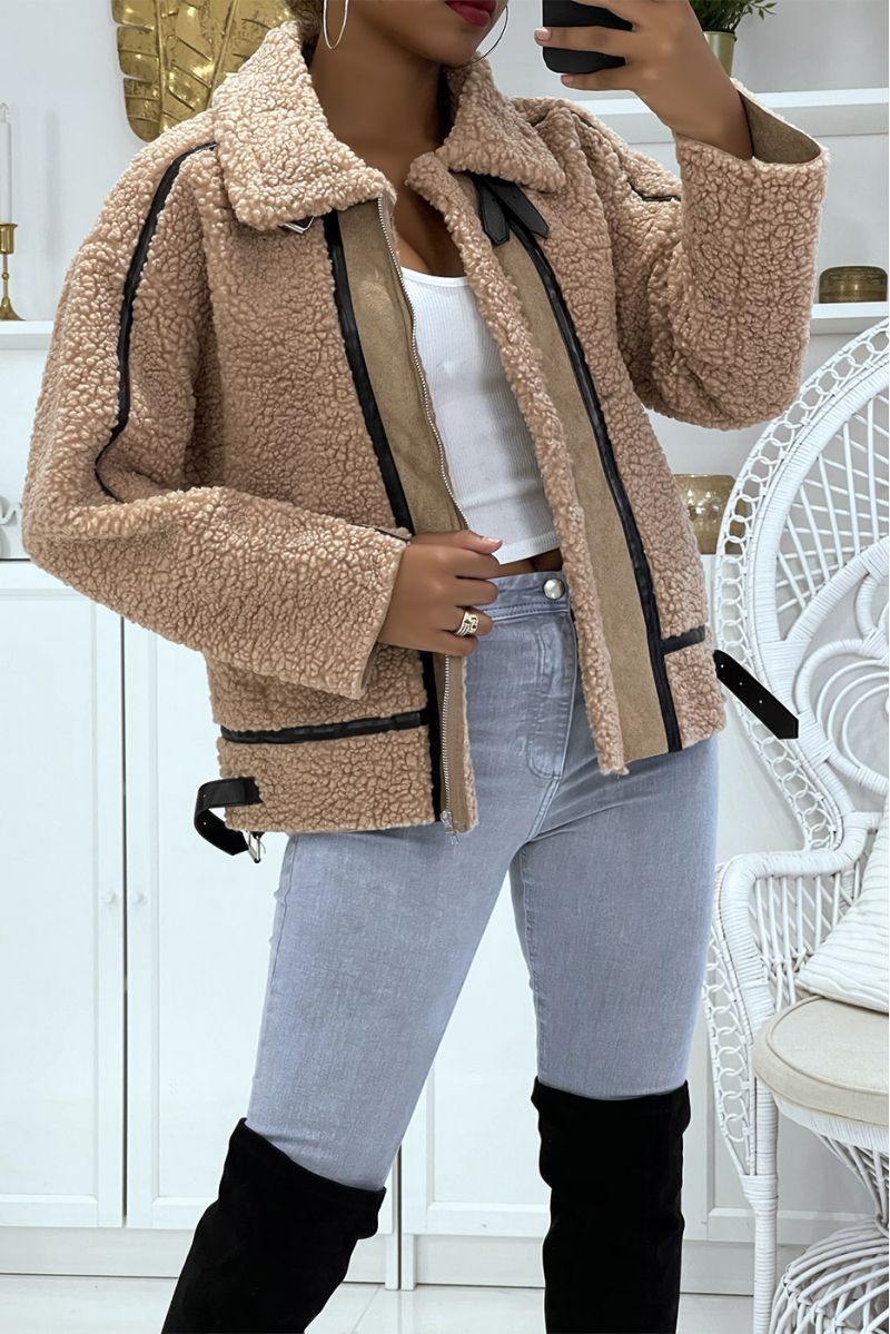 Taupe aviator style coats in fleece with pretty warm and soft imitation leather bands - 2