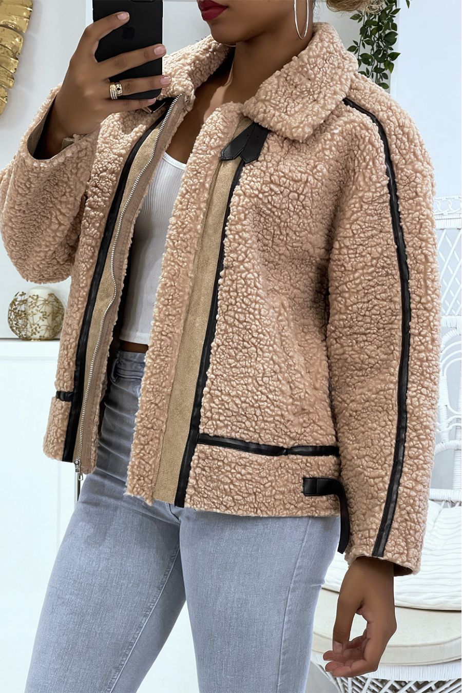 Taupe pilotenjack van fleece met mooie warme en zachte imitatieleren banden - 3