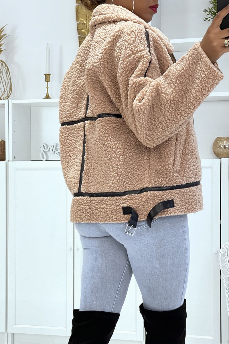 Taupe aviator style coats in fleece with pretty warm and soft imitation leather bands - 4