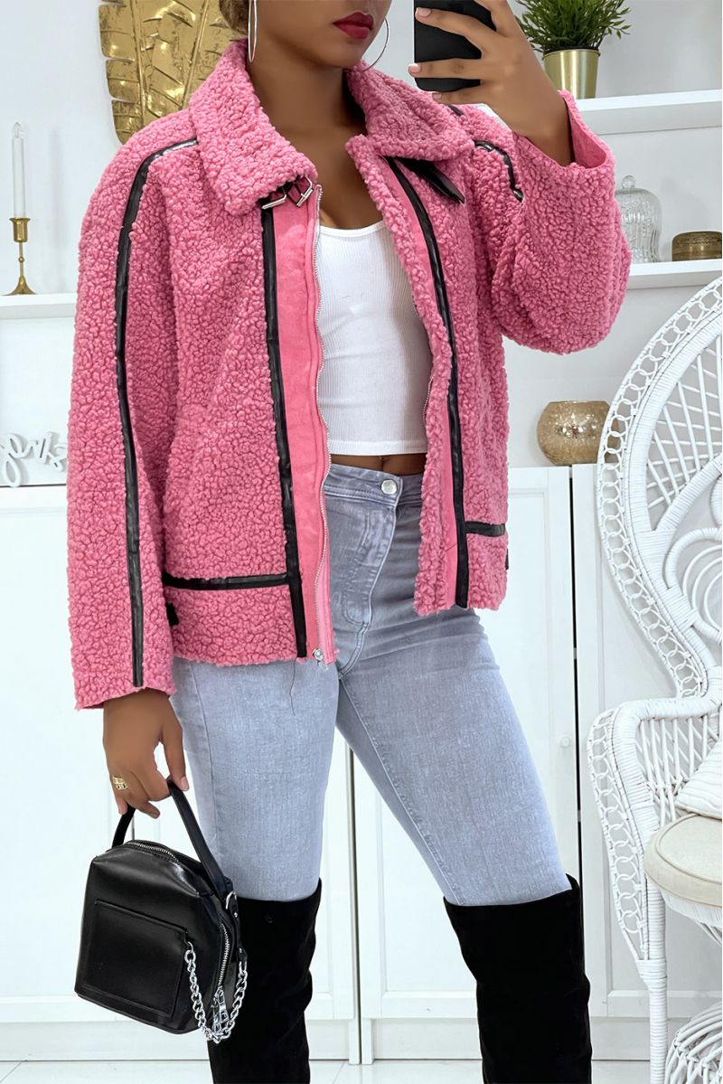 Fuchsia aviator style coats in fleece with pretty warm and soft imitation leather bands - 2