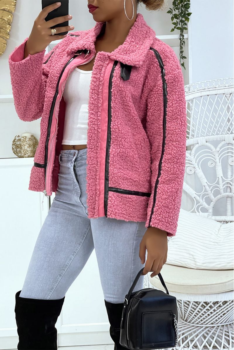 Fuchsia aviator style coats in fleece with pretty warm and soft imitation leather bands - 3