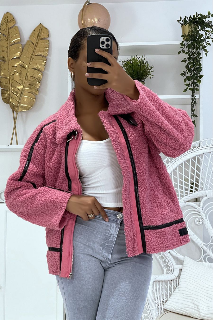 Fuchsia aviator style coats in fleece with pretty warm and soft imitation leather bands - 4