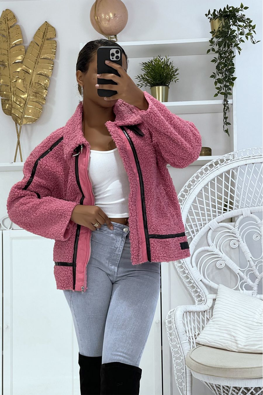 Fuchsia aviator style coats in fleece with pretty warm and soft imitation leather bands - 5