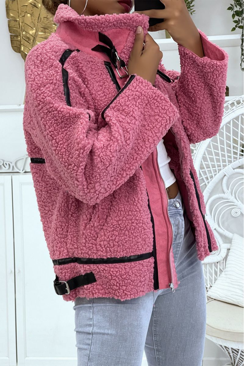 Fuchsia aviator style coats in fleece with pretty warm and soft imitation leather bands - 6