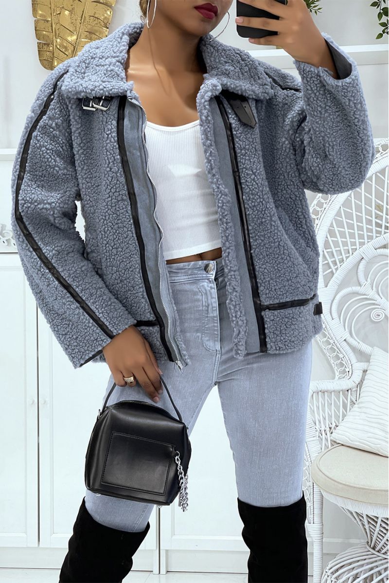 Gray aviator style coats in fleece with pretty warm and soft imitation leather bands - 2