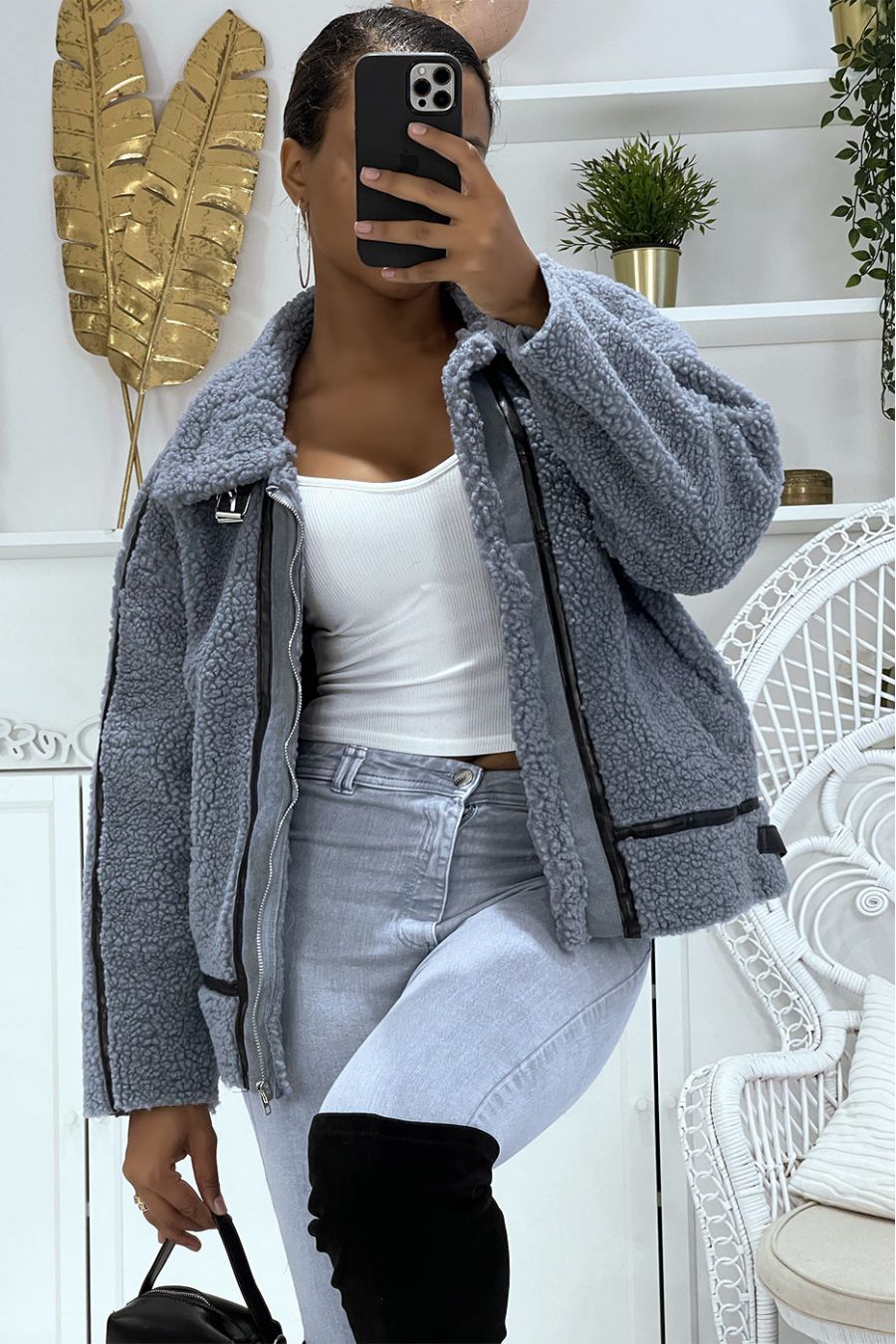 Gray aviator style coats in fleece with pretty warm and soft imitation leather bands - 3