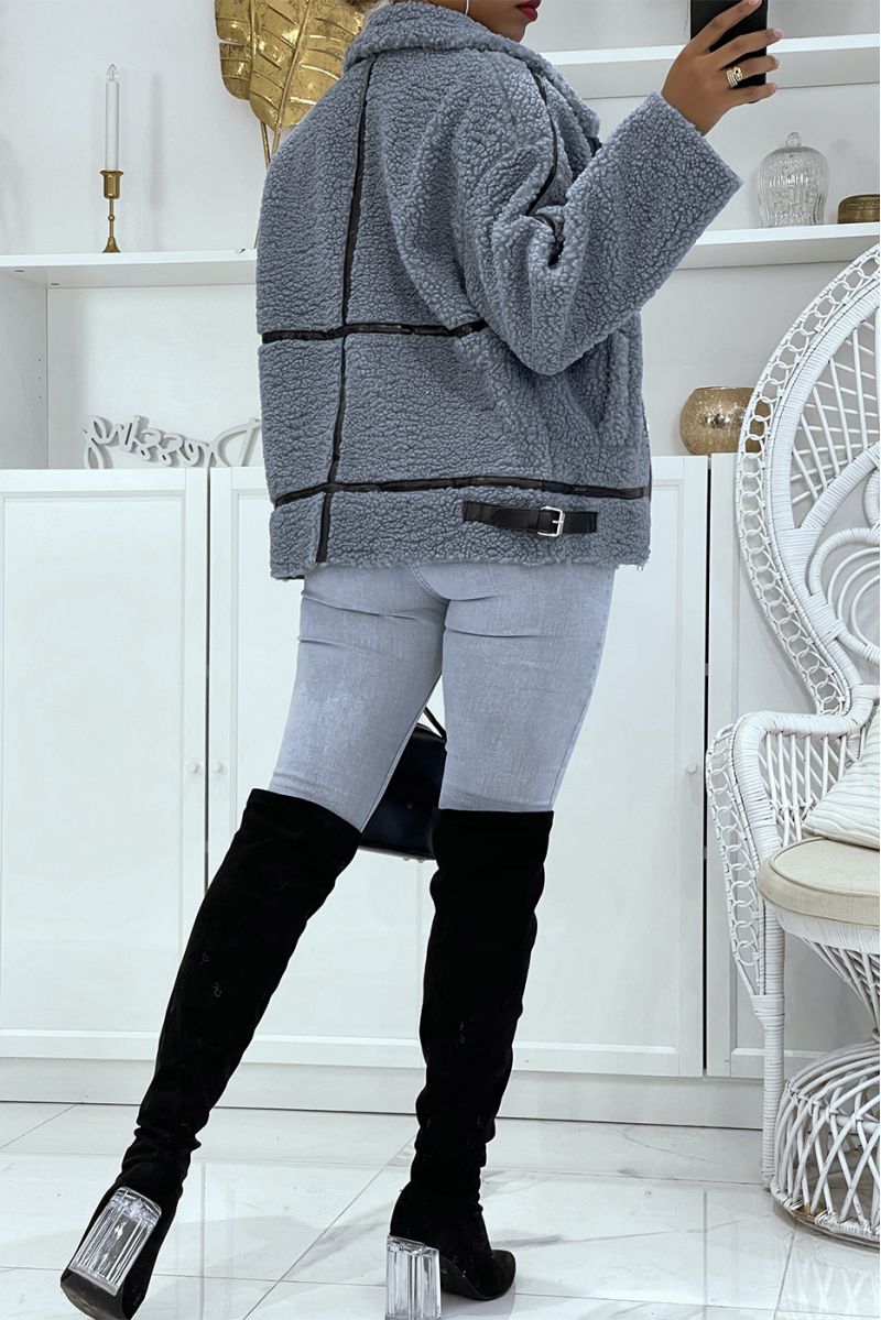 Gray aviator style coats in fleece with pretty warm and soft imitation leather bands - 4