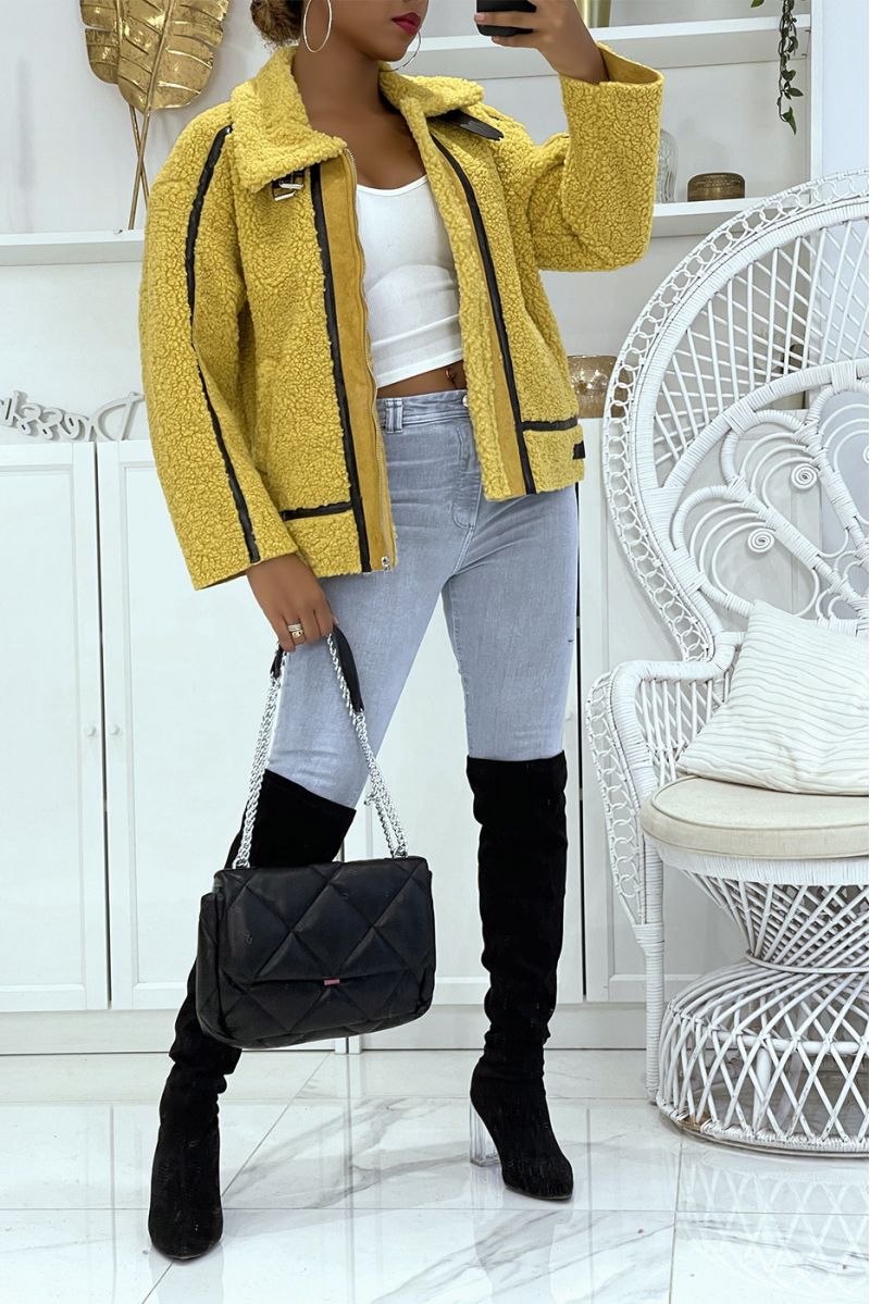 Mustard aviator style coats in fleece with pretty warm and soft imitation leather bands - 1