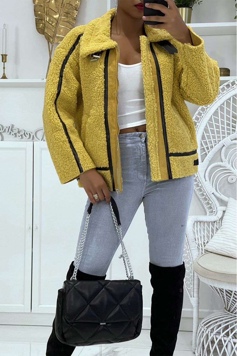 Mustard aviator style coats in fleece with pretty warm and soft imitation leather bands - 2