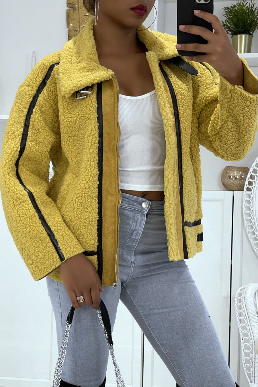 Manteaux moutarde style aviateur en moumoute avec jolies bandes simili cuir chaud et doux - 3