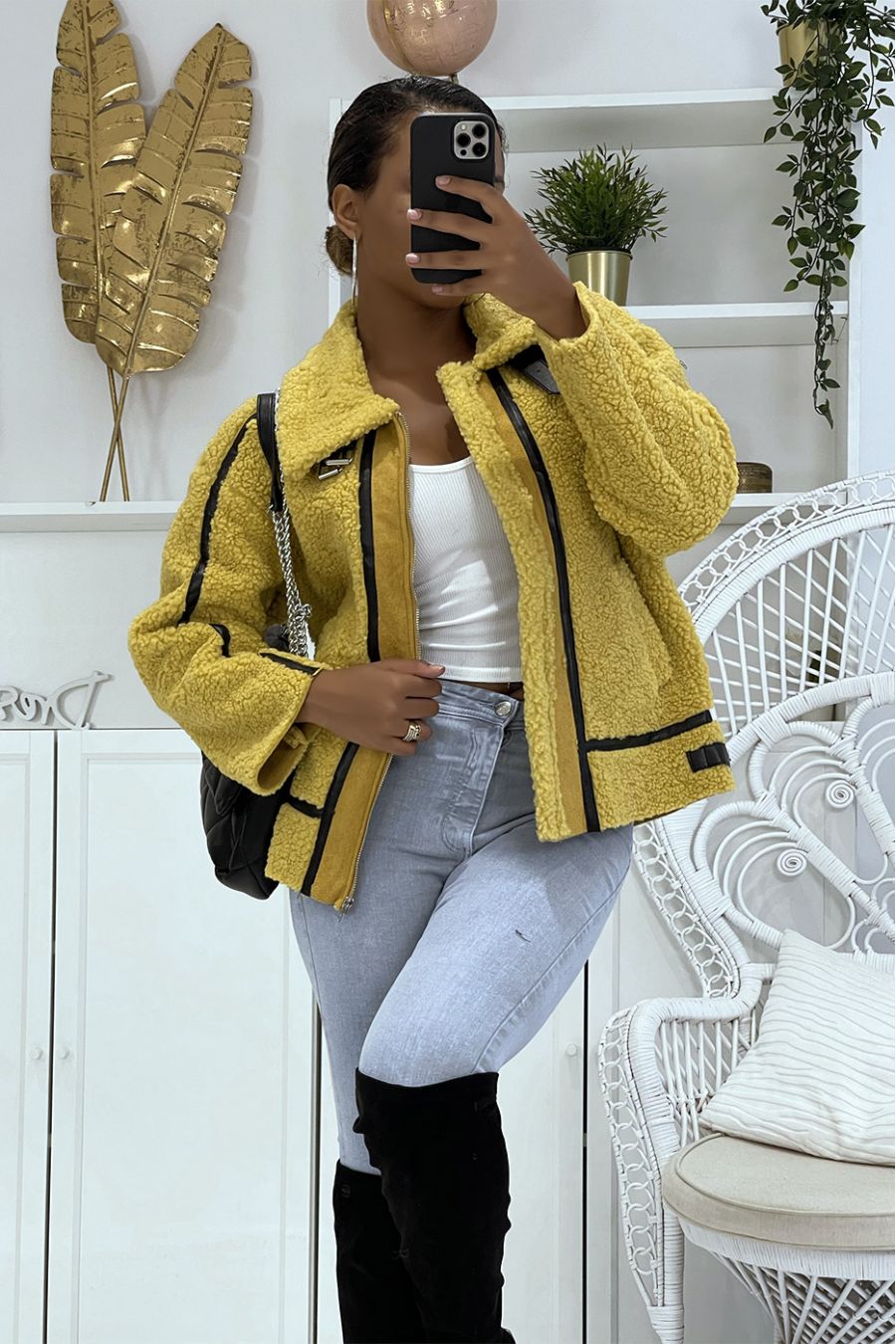 Mustard aviator style coats in fleece with pretty warm and soft imitation leather bands - 5