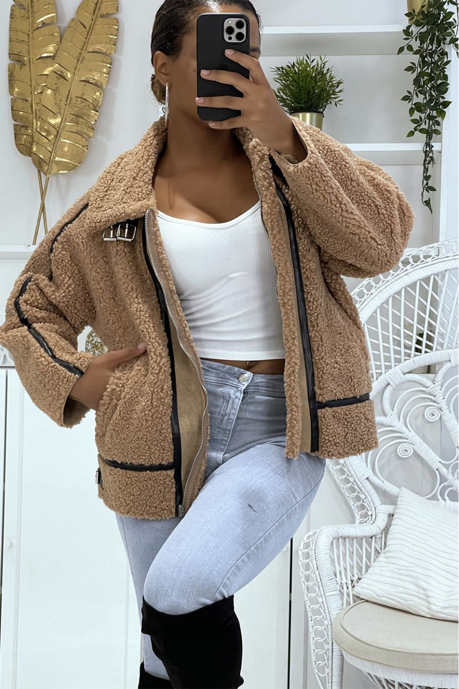 Camel pilotenjack van fleece met mooie warme en zachte imitatieleren banden - 1