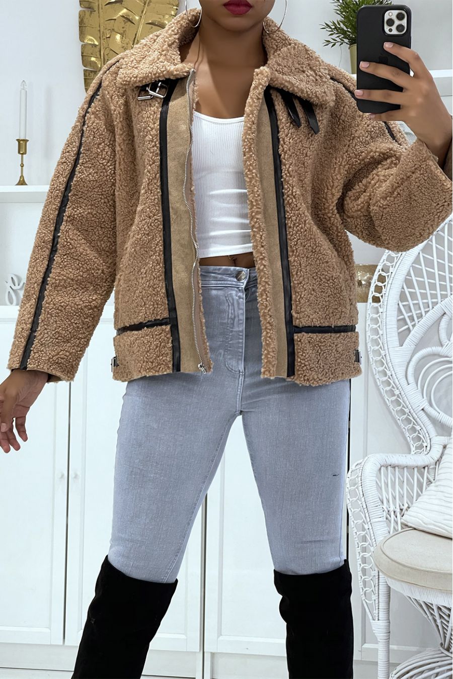 Manteaux camel style aviateur en moumoute avec jolies bandes simili cuir chaud et doux - 2