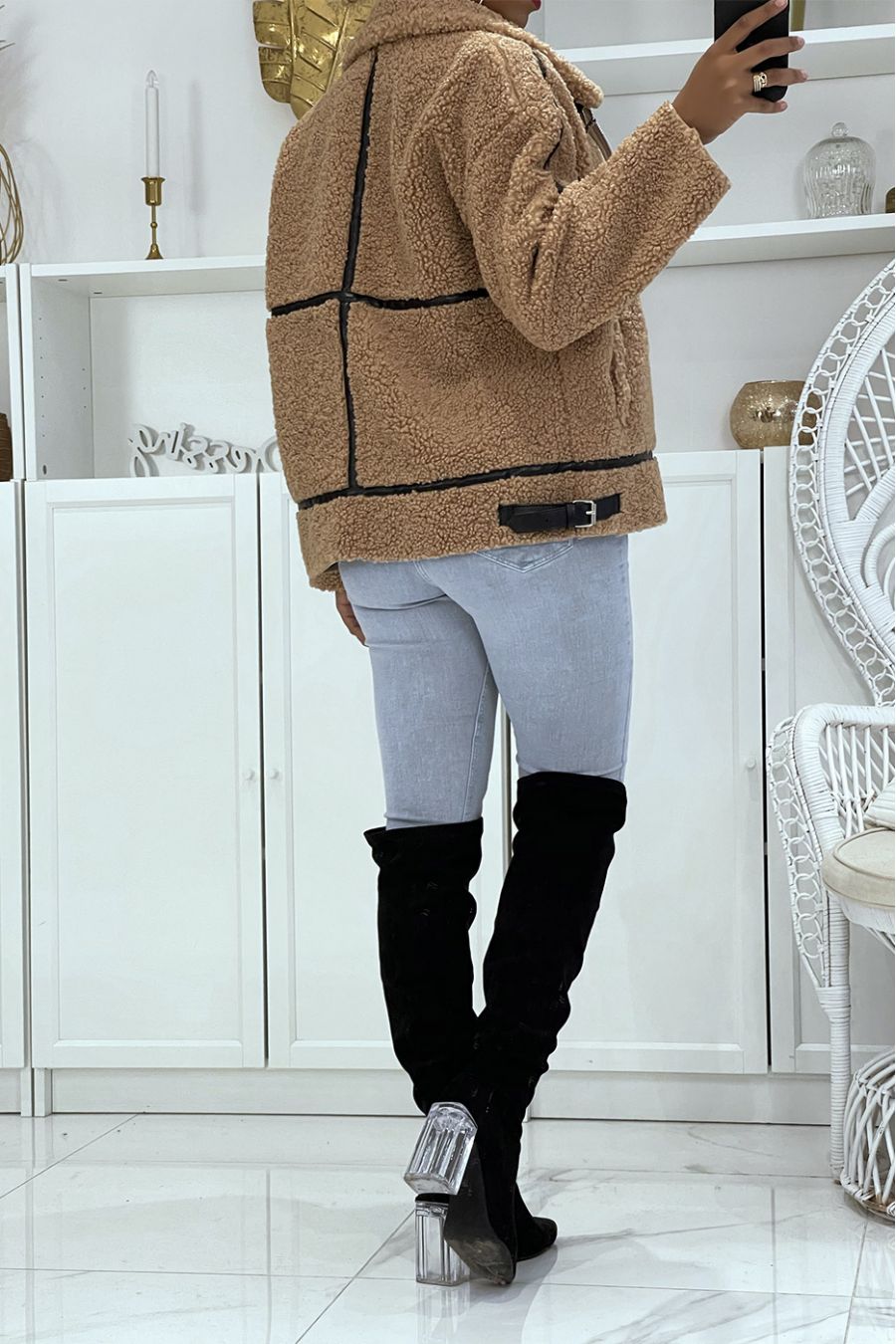 Camel pilotenjack van fleece met mooie warme en zachte imitatieleren banden - 4