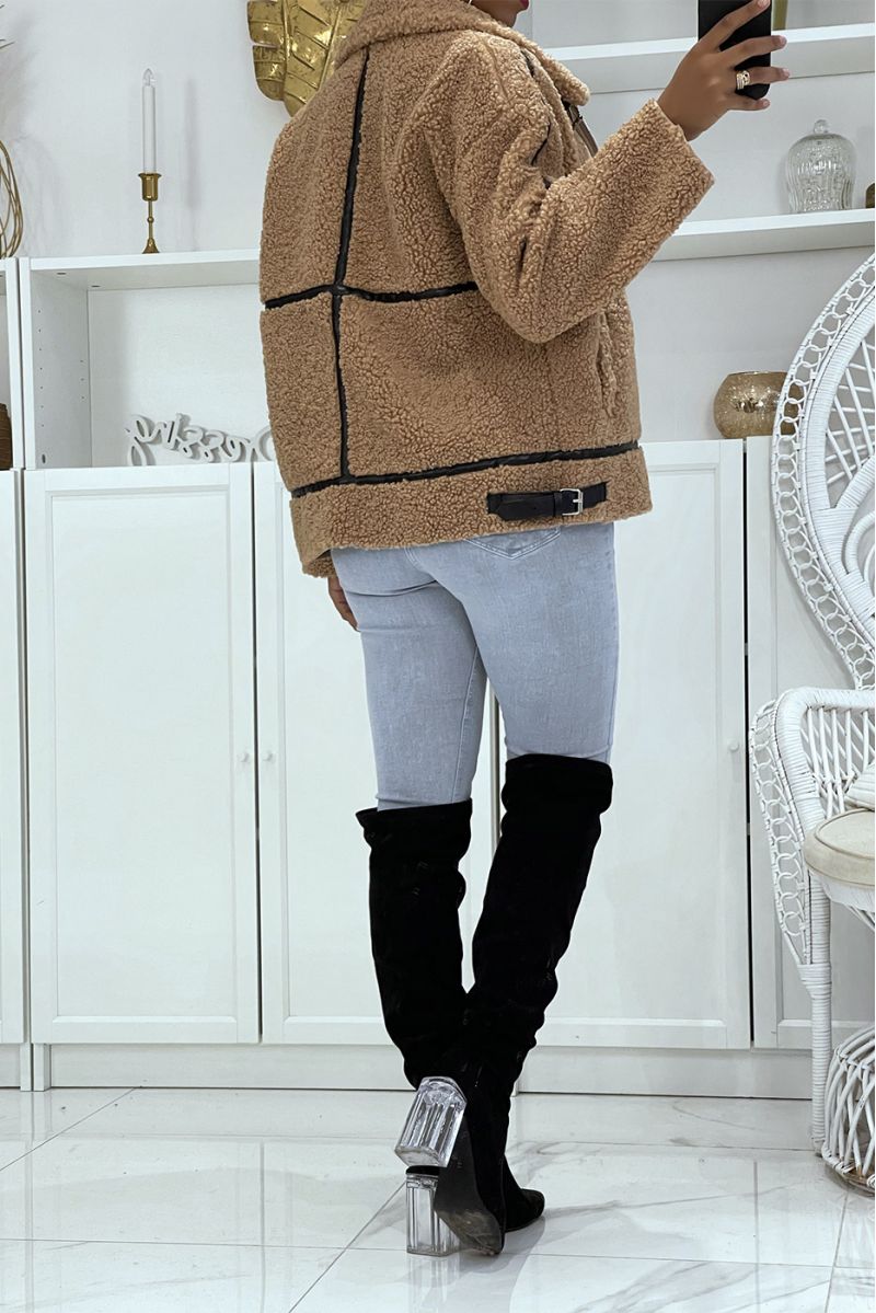 Manteaux camel style aviateur en moumoute avec jolies bandes simili cuir chaud et doux - 4