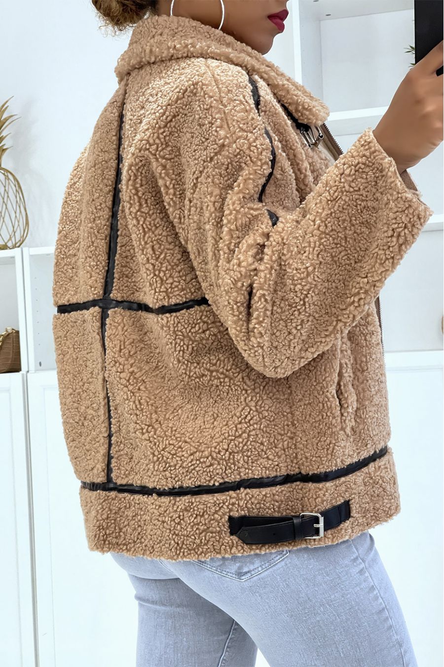 Camel pilotenjack van fleece met mooie warme en zachte imitatieleren banden - 5