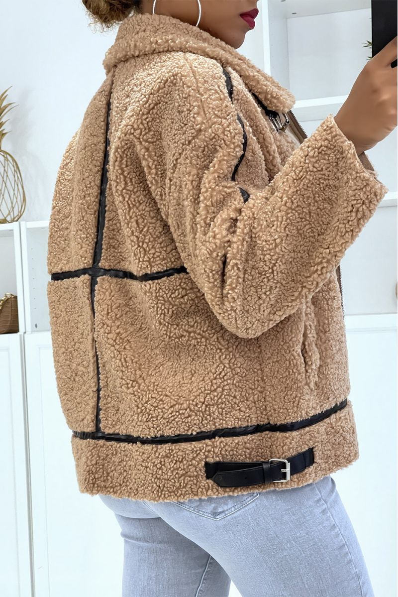 Camel aviator style coats in fleece with pretty warm and soft imitation leather bands - 5